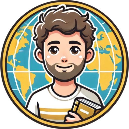 "Logo circular amarillo con un mapa terráqueo en el centro. En la parte central, un profesor sonriente, con barba y cabello castaño claro, sostiene un libro y mira de frente." ¡Así queda claro y descriptivo!